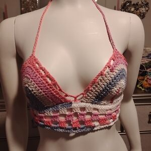 Handmade Crochet Halter Top - Pink, Blue, Gray